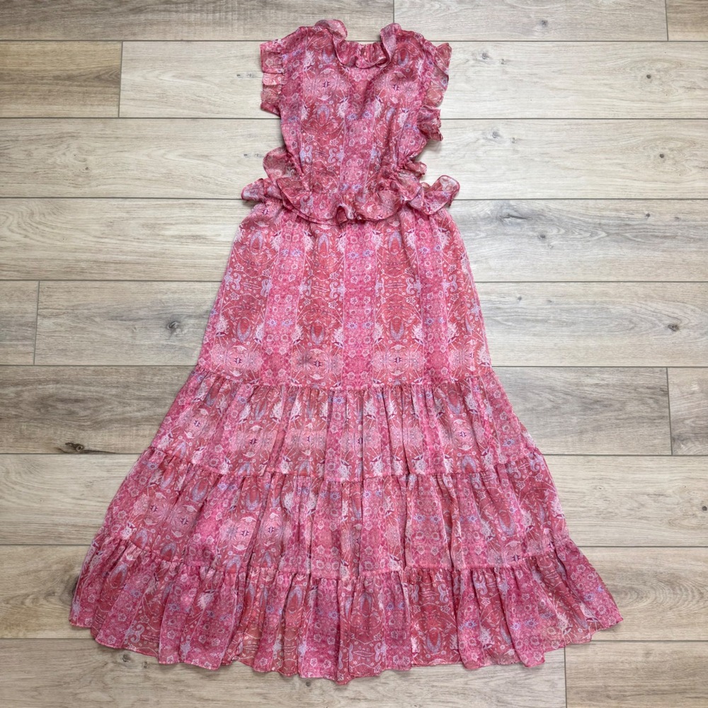 MISA Los Angeles Natasha Dress Pink Floral Ruffle Midi High-Low Coquette Large - Picture 4 of 11